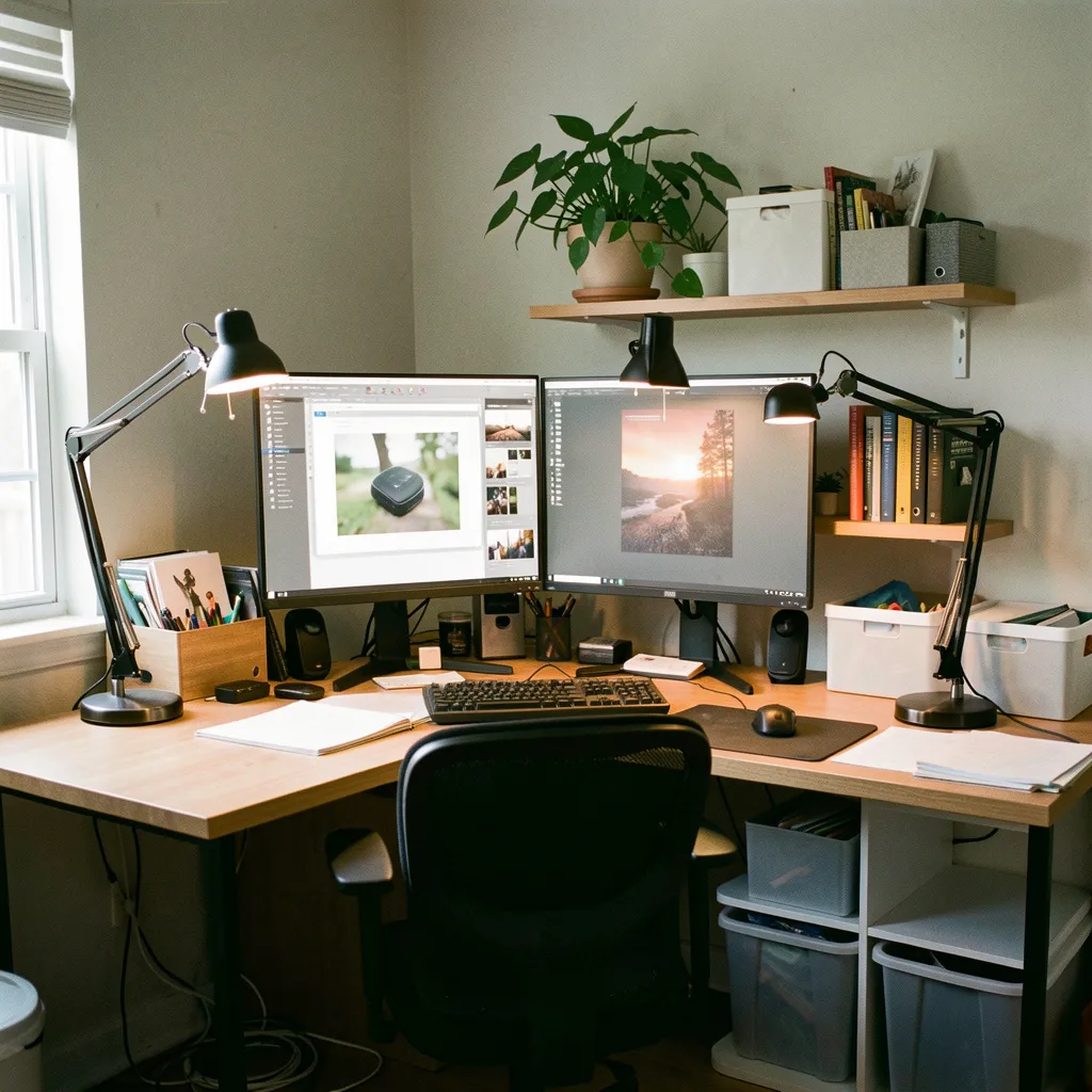 Organized workspace with cable management